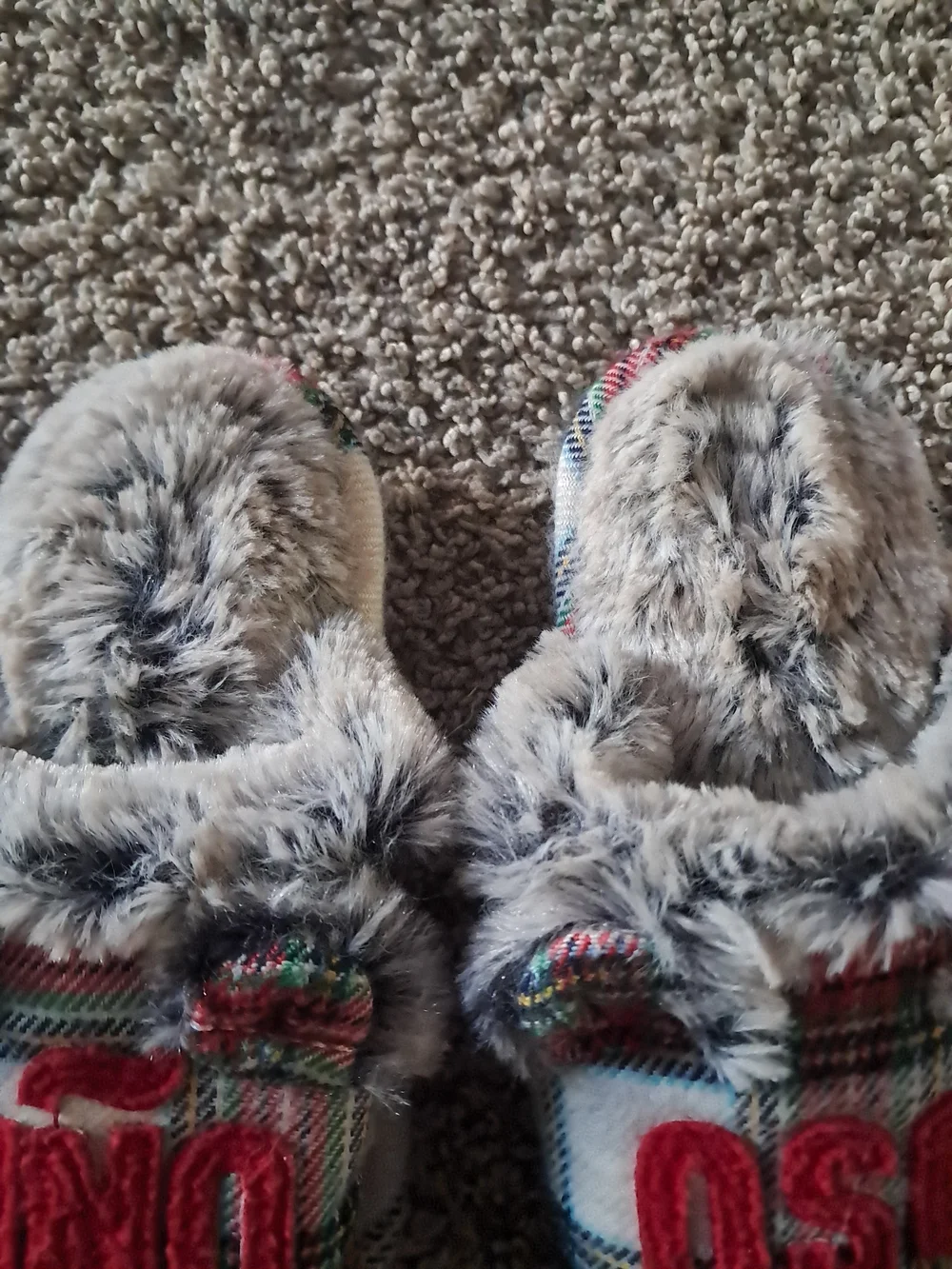 Plaid Faux-Fur Kids Slippers with Embroidered Letters - Red Plaid